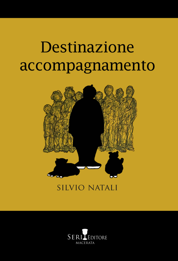 copertina del romanzo di silvio Natali "Destinazione accompagnamento" che ritrae un disegno di una sagoma di un uomo e due gatti, davanti a una folla di persone